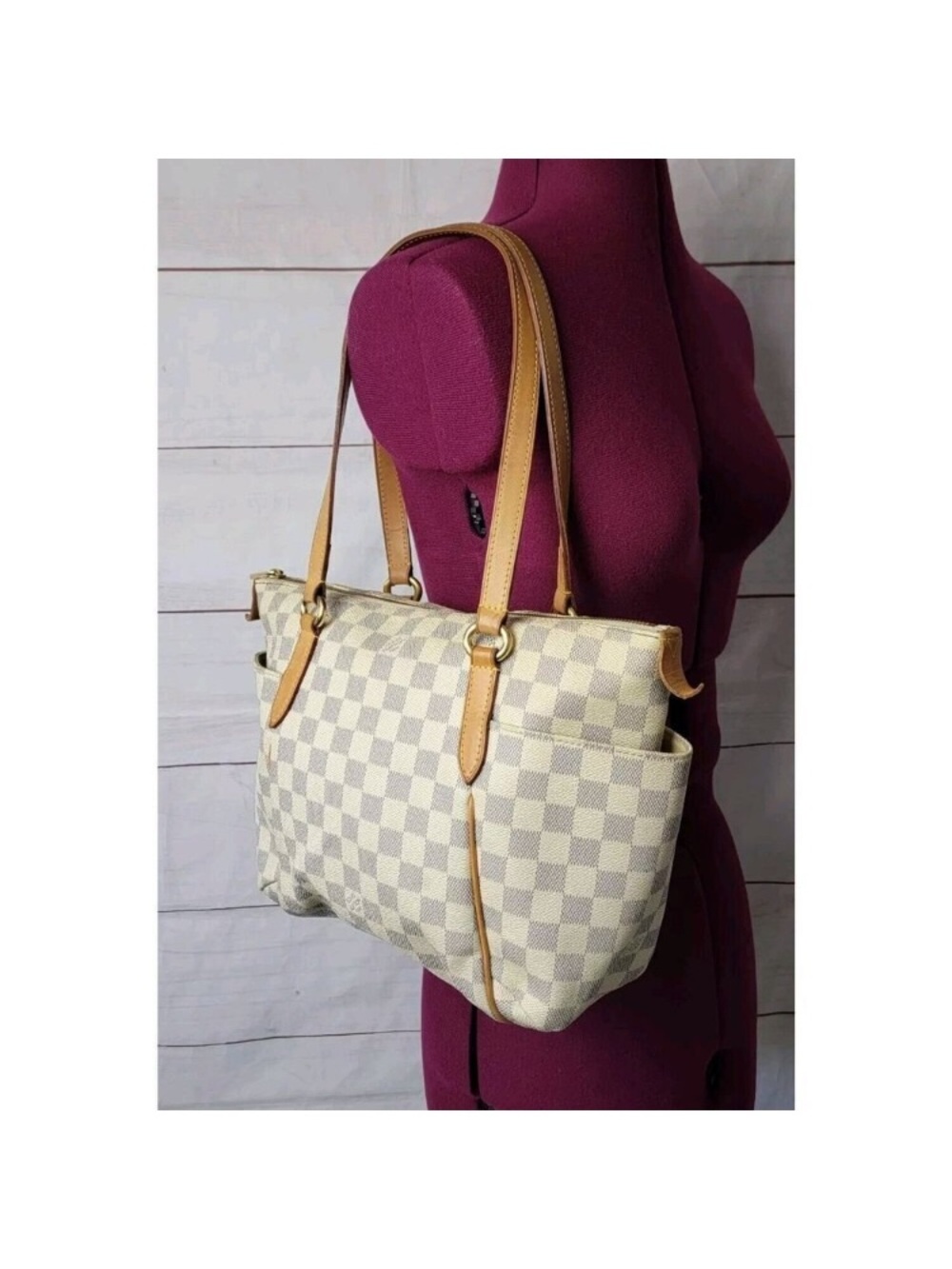 Louis Vuitton Damier Azur shoulder/tote with Tan Leather Trim. Authentic - Picture 6 of 17